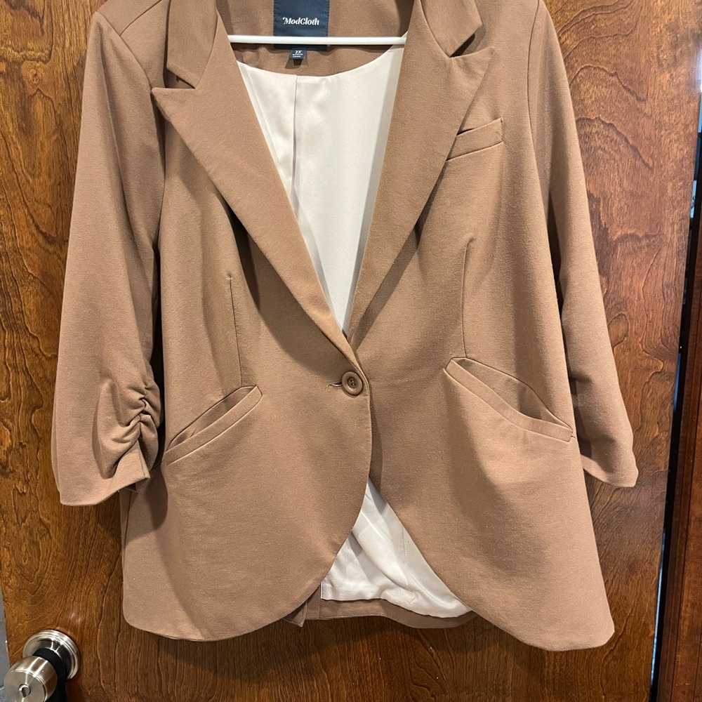 Modcloth Camel Blazer with Ruched Sleeves